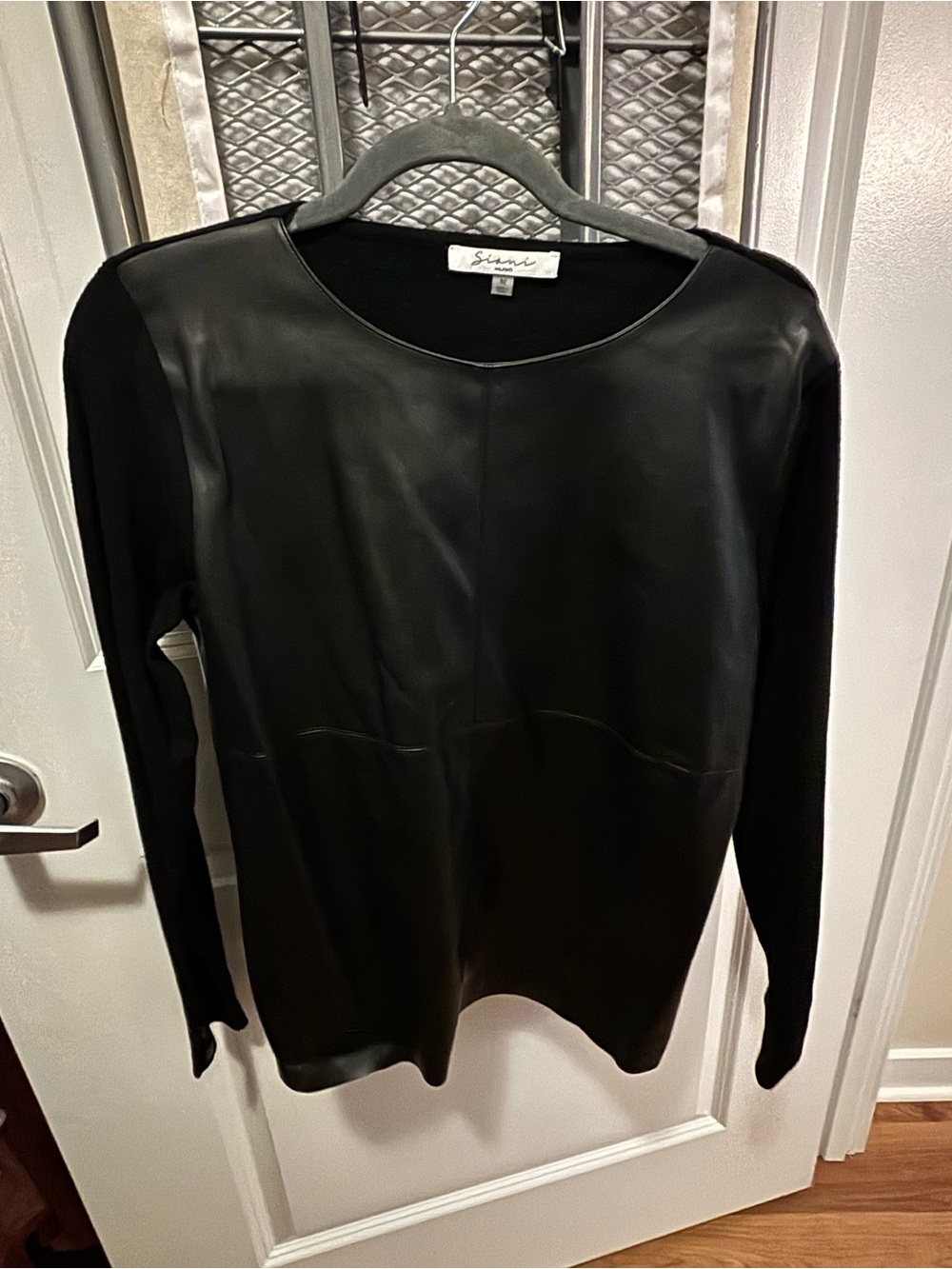 Sioni Black Faux-Leather Panel Pullover Top